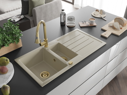 Mexen Andres fregadero de granito de 1,5 senos con escurridor y grifo de cocina Elia, beige - 6515-69-670101-50