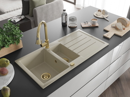 Mexen Andres granitdiskbänk 1,5-fack med avrinningsyta och köksblandare Elia, beige - 6515-69-670101-50