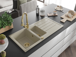 Mexen Andres granitische gootsteen 1,5-kamer met afdruiprek en keukenmengkraan Elia, beige - 6515-69-670101-50