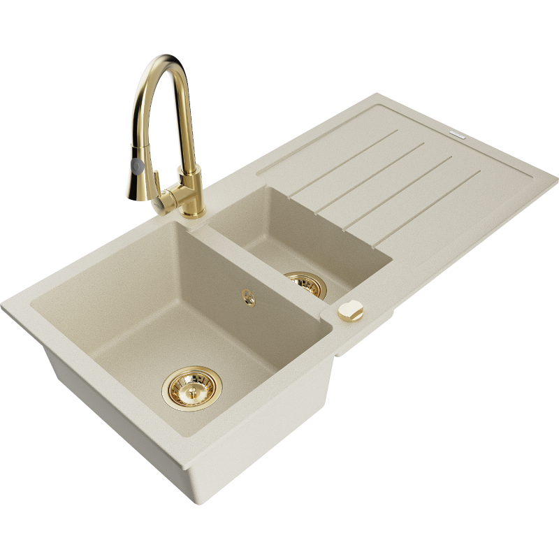 Mexen Andres fregadero de granito de 1,5 senos con escurridor y grifo de cocina Elia, beige - 6515-69-670101-50