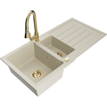 Mexen Andres granite kitchen sink 1.5-basin with drainer and Elia kitchen faucet, beige - 6515-69-670101-50
