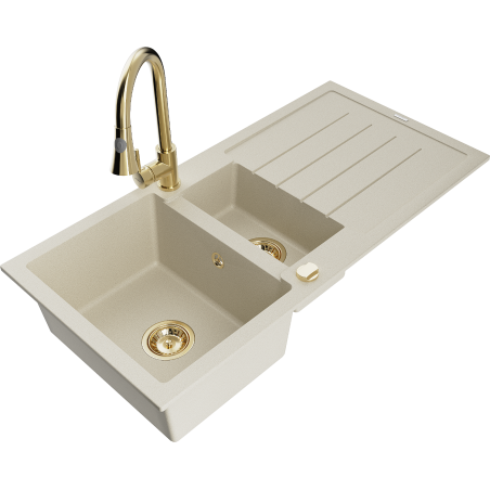 Mexen Andres granitische gootsteen 1,5-kamer met afdruiprek en keukenmengkraan Elia, beige - 6515-69-670101-50