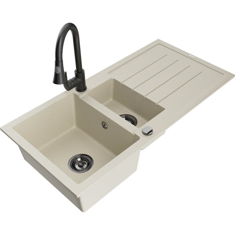 Mexen Andres 1.5-bowl granite sink with drainer and Elia kitchen faucet, beige - 6515-69-670101-70