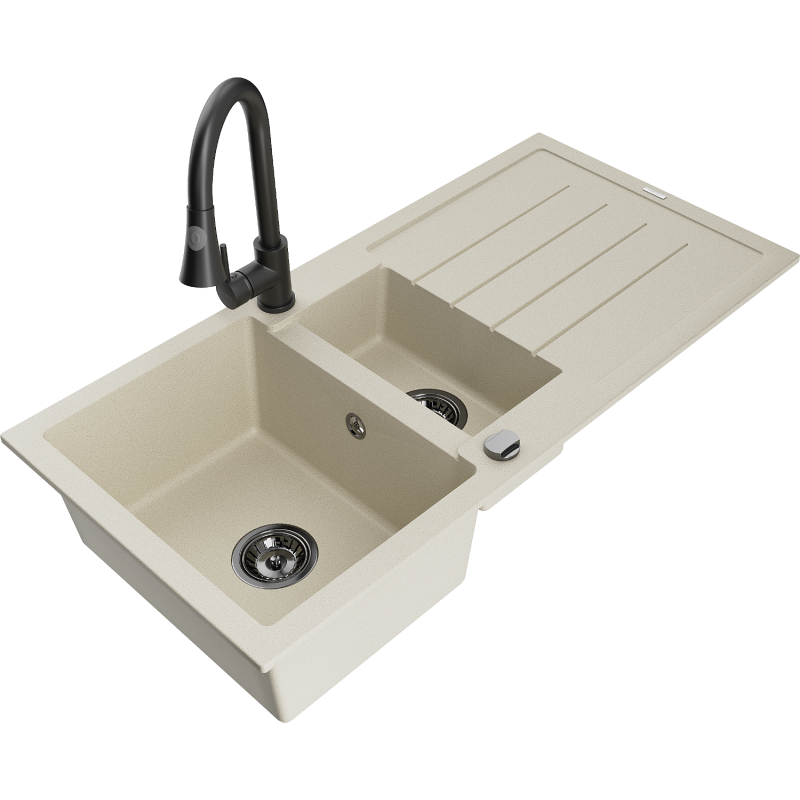 Mexen Andres granieten gootsteen met 1,5 bakken en afdruiprek en Elia keukenkraan, beige - 6515-69-670101-70