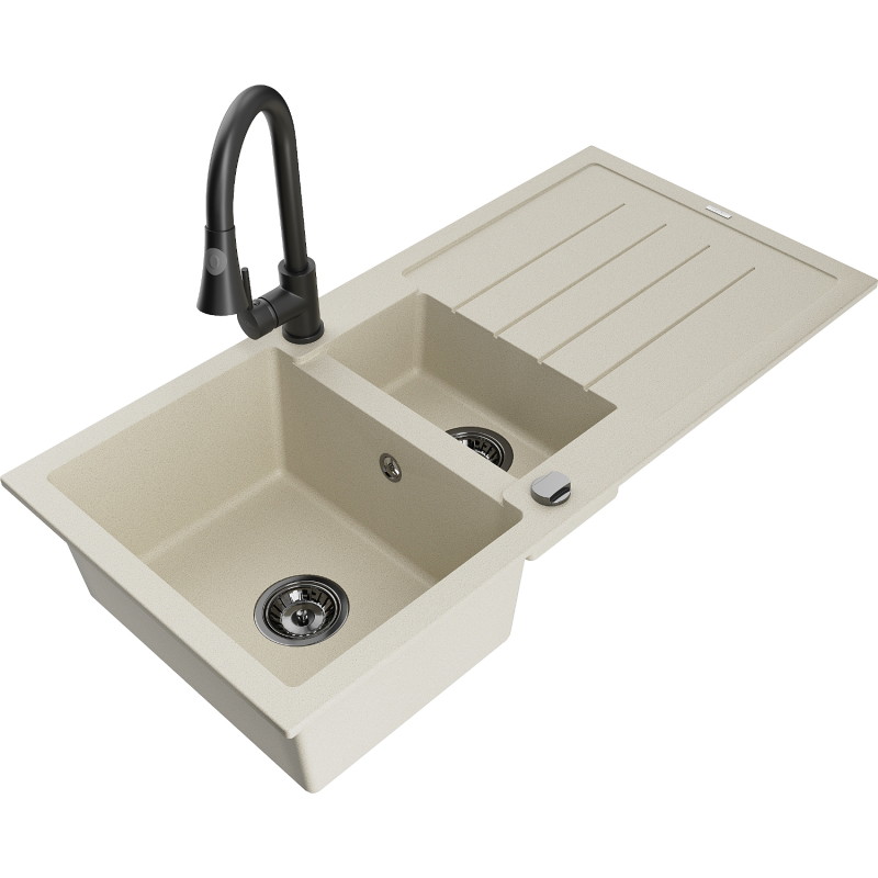 Mexen Andres Granitspüle mit 1,5 Becken, Abtropffläche und Küchenarmatur Elia, beige - 6515-69-670101-70