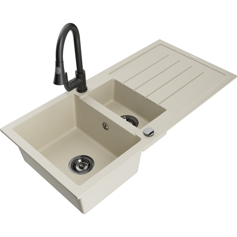 Mexen Andres lavello in granito 1,5 vasche con scolapiatti e rubinetto da cucina Elia, beige - 6515-69-670101-70