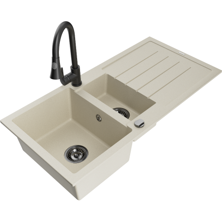 Mexen Andres fregadero de granito de 1,5 senos con escurridor y grifo de cocina Elia, beige - 6515-69-670101-70