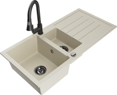 Mexen Andres lavello in granito 1,5 vasche con scolapiatti e rubinetto da cucina Elia, beige - 6515-69-670101-70