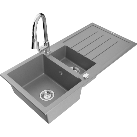 Mexen Andres 1.5-bowl granite kitchen sink with drainer and Elia kitchen tap, grey - 6515-71-670101-00