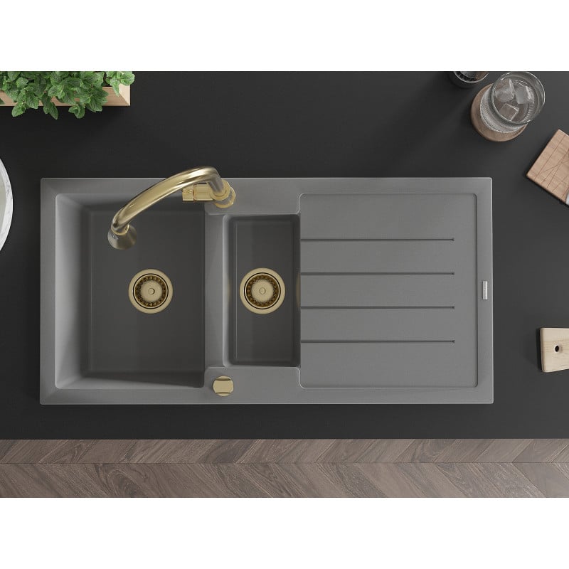 Mexen Andres granieten gootsteen 1,5-komer met afdruiprek en keukenmengkraan Elia, grijs - 6515-71-670101-50