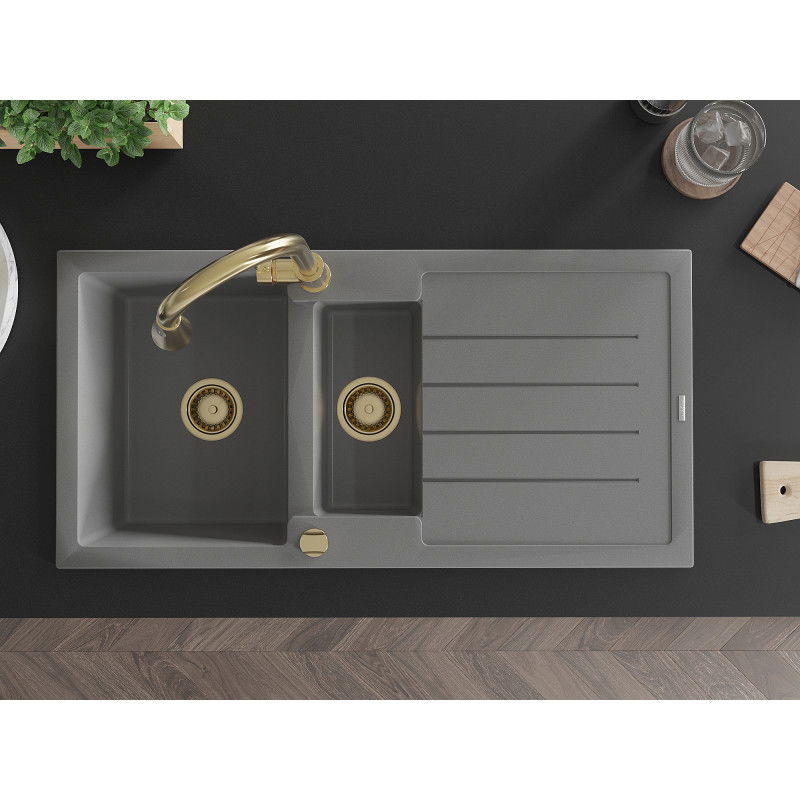Mexen Andres granite sink 1.5-bowl with drainer and Elia kitchen tap, grey - 6515-71-670101-50