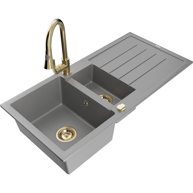Mexen Andres fregadero de granito de 1,5 cámaras con escurridor y grifo de cocina Elia, gris - 6515-71-670101-50