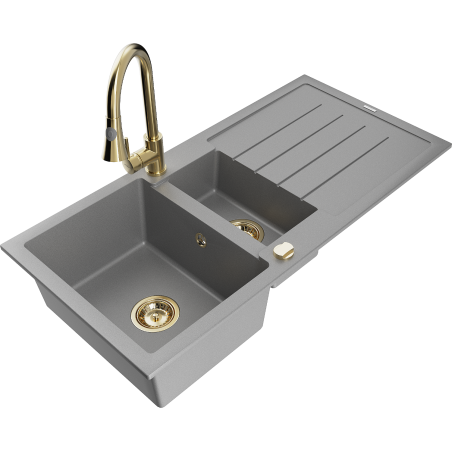Mexen Andres granite sink 1.5-bowl with drainer and Elia kitchen tap, grey - 6515-71-670101-50