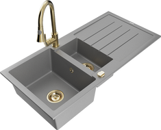 Mexen Andres 1.5-Bowl Granite Sink with Drainer and Kitchen Faucet Elia, Gray - 6515-71-670101-50