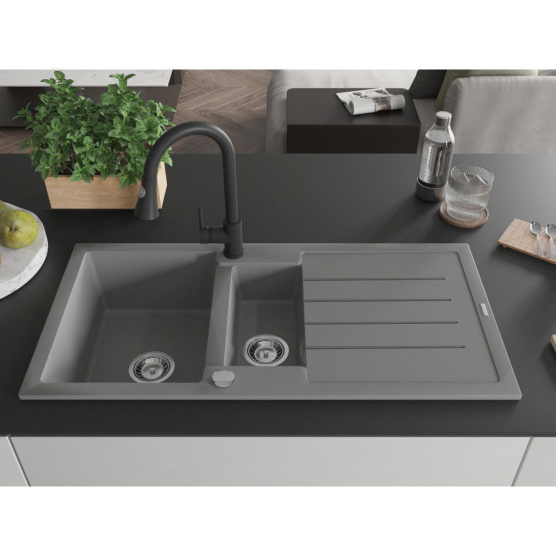 Mexen Andres 1.5-bowl granite sink with drainer and Elia kitchen tap, grey - 6515-71-670101-70