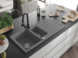 Mexen Andres 1.5-bowl granite sink with drainer and Elia kitchen tap, grey - 6515-71-670101-70