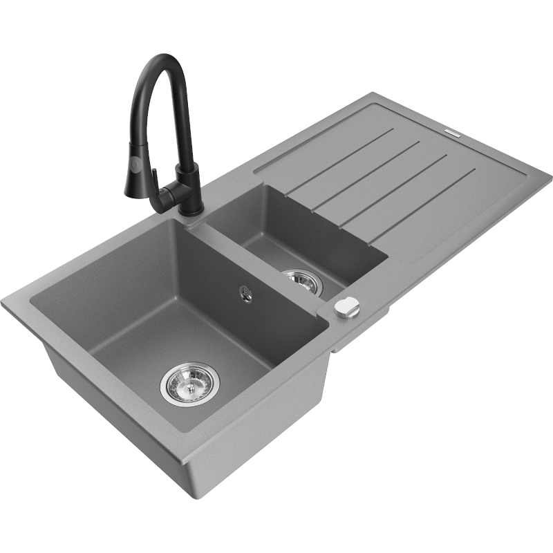 Mexen Andres fregadero de granito de 1,5 senos con escurridor y grifo de cocina Elia, gris - 6515-71-670101-70