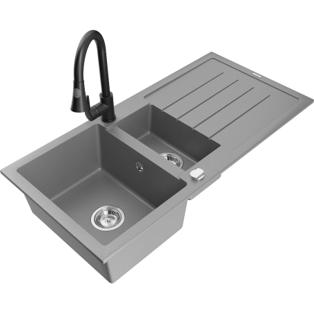 Mexen Andres 1.5-bowl granite sink with drainer and Elia kitchen tap, grey - 6515-71-670101-70