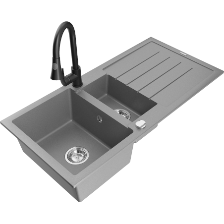 Mexen Andres fregadero de granito de 1,5 senos con escurridor y grifo de cocina Elia, gris - 6515-71-670101-70