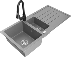 Mexen Andres fregadero de granito de 1,5 senos con escurridor y grifo de cocina Elia, gris - 6515-71-670101-70