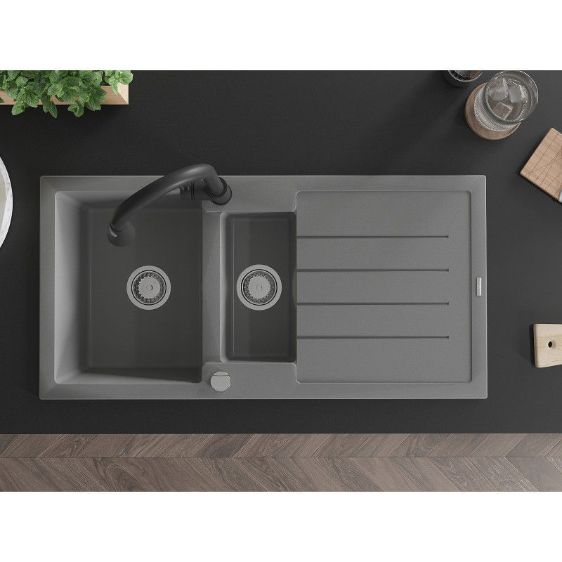 Mexen Andres 1.5-bowl granite sink with drainer and Elia kitchen tap, grey - 6515-71-670101-70