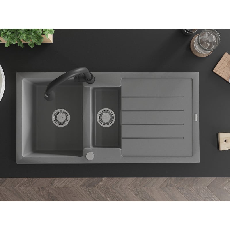 Mexen Andres fregadero de granito de 1,5 senos con escurridor y grifo de cocina Elia, gris - 6515-71-670101-70
