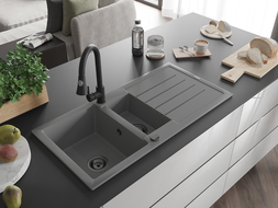 Mexen Andres fregadero de granito de 1,5 cámaras con escurridor y grifo de cocina Elia, gris - 6515-71-670101-70-B