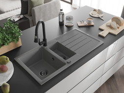 Mexen Andres fregadero de granito 1,5 senos con escurridor y grifo de cocina Elia, gris - 6515-71-670101-70-B