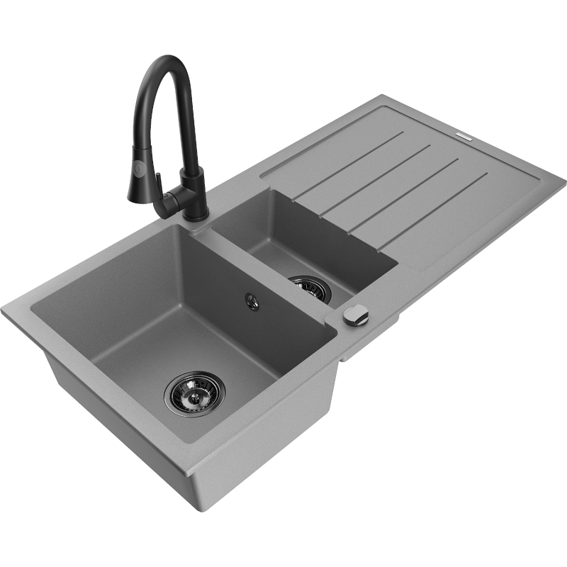 Mexen Andres granite sink 1.5-bowl with drainer and Elia kitchen tap, grey - 6515-71-670101-70-B