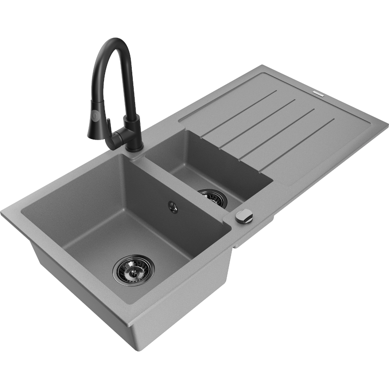 Mexen Andres lava-louça de granito 1,5-bacia com escorredor e torneira de cozinha Elia, cinza - 6515-71-670101-70-B