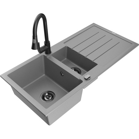 Mexen Andres fregadero de granito de 1,5 cámaras con escurridor y grifo de cocina Elia, gris - 6515-71-670101-70-B