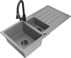 Mexen Andres granite sink 1.5-bowl with drainer and Elia kitchen tap, grey - 6515-71-670101-70-B