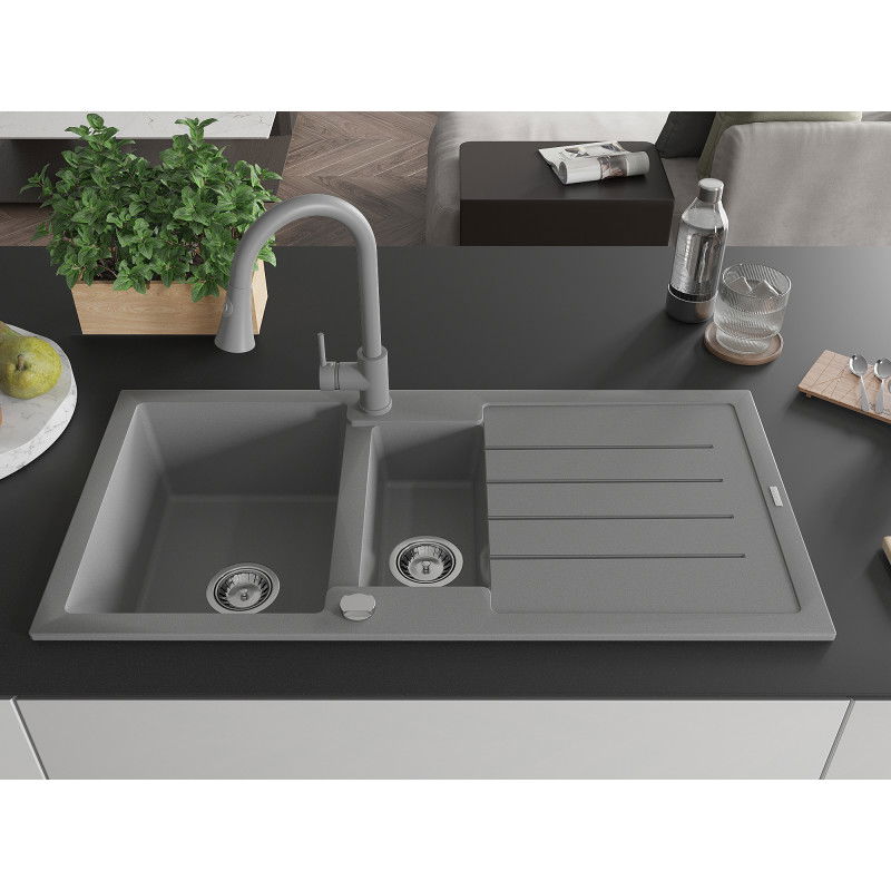 Mexen Andres granite kitchen sink 1.5-bowl with drainer and Elia kitchen tap, grey - 6515-71-670101-71