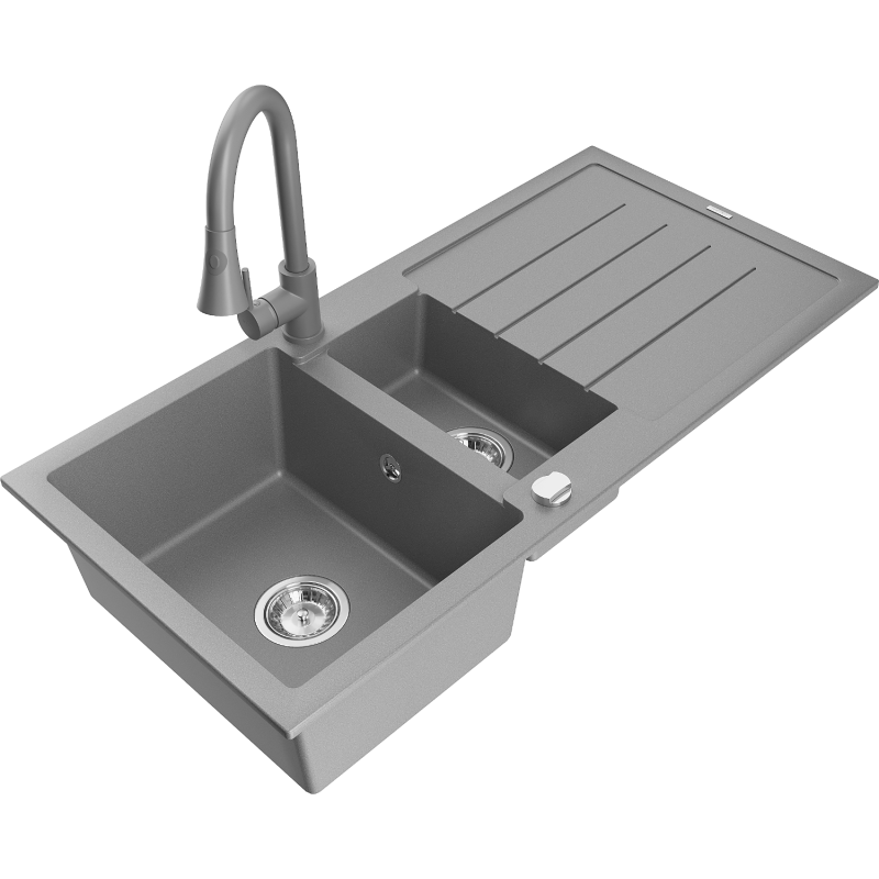 Mexen Andres fregadero de granito 1,5 compartimentos con escurridor y grifo de cocina Elia, gris - 6515-71-670101-71