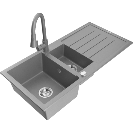 Mexen Andres évier en granit 1,5 bac avec égouttoir et robinet de cuisine Elia, gris - 6515-71-670101-71
