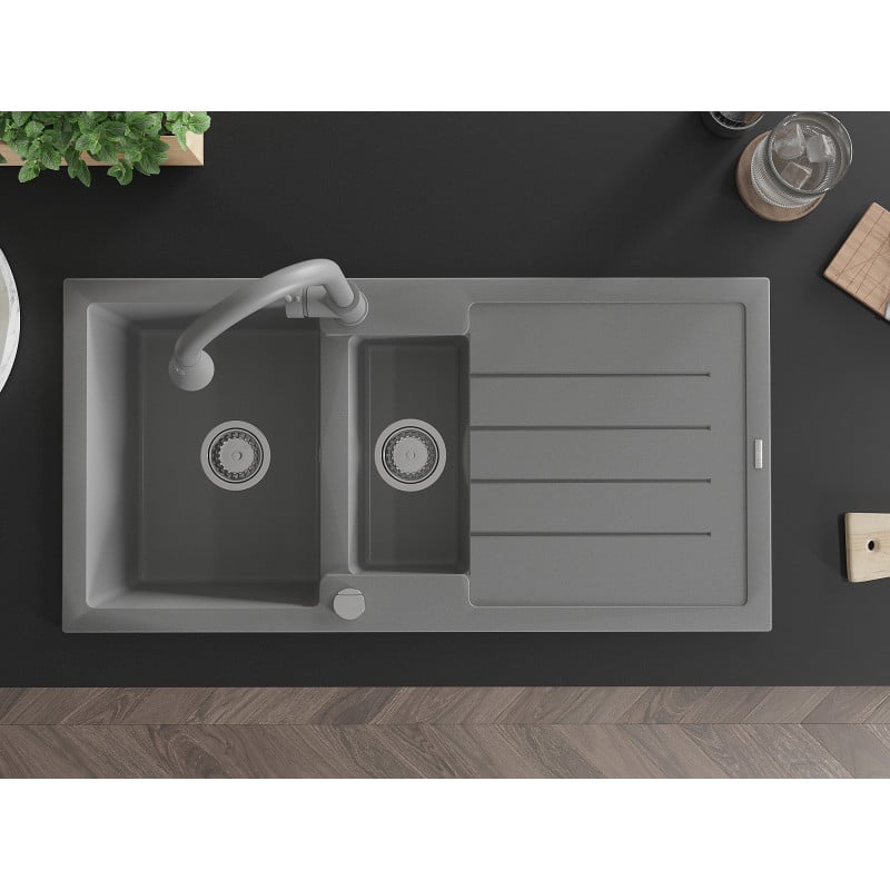 Mexen Andres granite kitchen sink 1.5-bowl with drainer and Elia kitchen tap, grey - 6515-71-670101-71