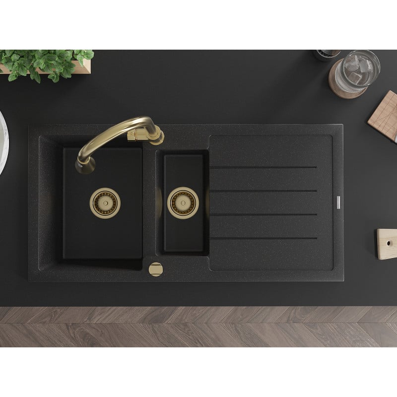 Mexen Andres Granitspüle 1,5-Kammern mit Abtropffläche und Küchenarmatur Elia, schwarz/silberner Metallic - 6515-73-670101-50