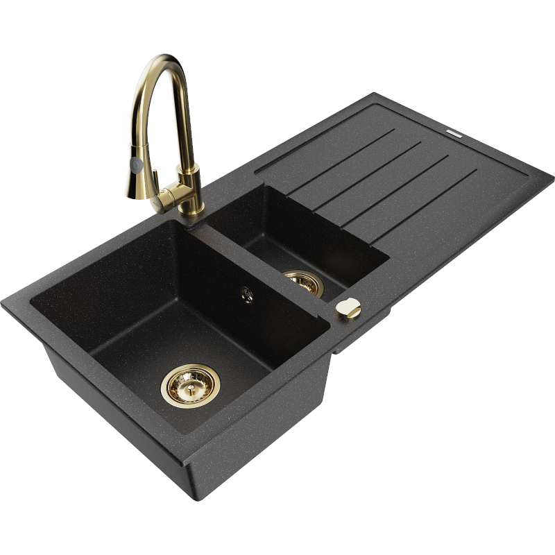 Mexen Andres fregadero de granito de 1,5 senos con escurridor y grifo de cocina Elia, negro/plateado metálico