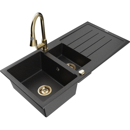 Mexen Andres granite sink 1.5-bowl with drainer and kitchen faucet Elia, black/silver metallic - 6515-73-670101-50