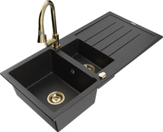 Mexen Andres granite sink 1.5-bowl with drainer and kitchen faucet Elia, black/silver metallic - 6515-73-670101-50