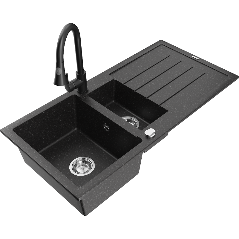 Mexen Andres fregadero de granito 1,5-cubetas con escurridor y grifo de cocina Elia, negro/plata metálica - 6515-73-670101-70