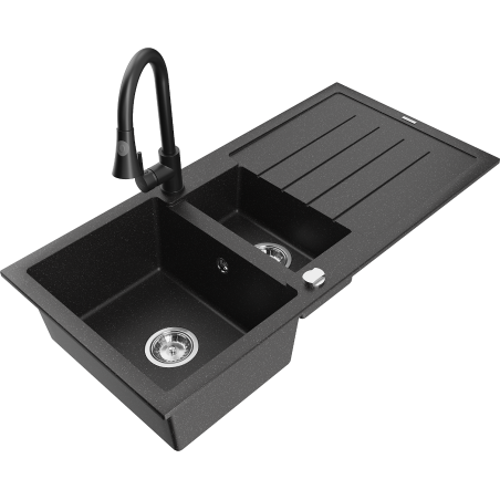 Mexen Andres granite sink 1.5-bowl with drainer and kitchen tap Elia, black/silver metallic - 6515-73-670101-70