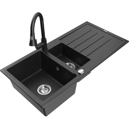 Mexen Andres granitische spoelbak 1,5-komorige met afdruiprek en keukenkraan Elia, zwart/zilveren metallic - 6515-73-670101-70