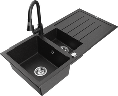 Mexen Andres 1.5-bowl granite sink with drainer and Elia kitchen faucet, black/silver metallic - 6515-73-670101-70