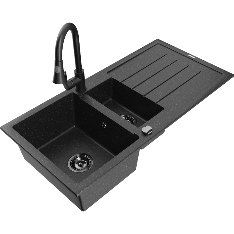 Mexen Andres fregadero de granito 1,5 compartimentos con escurridor y grifo de cocina Elia, negro/plata - 6515-73-670101-70-B