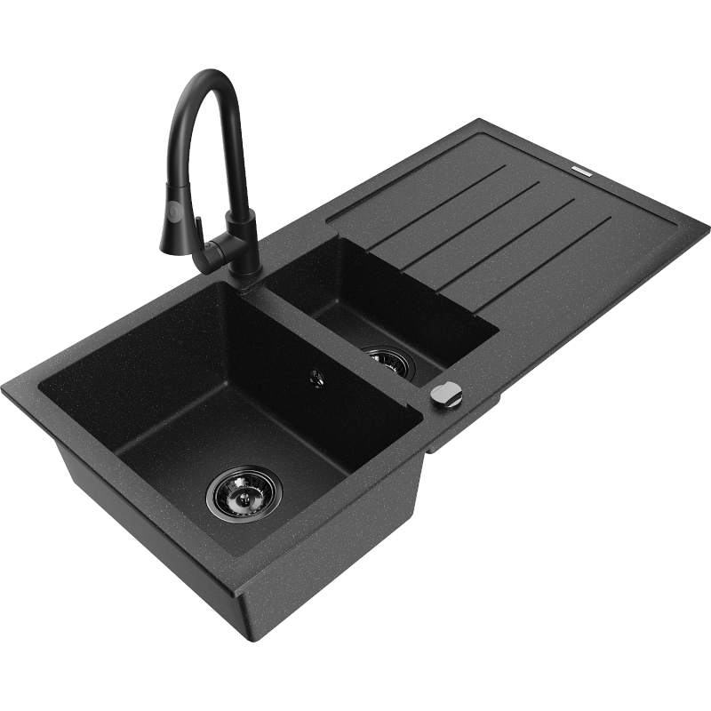 Mexen Andres granieten gootsteen 1,5-kamerige met afdruiprek en keukenmengkraan Elia, zwart/zilver - 6515-73-670101-70-B