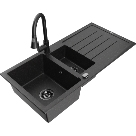 Mexen Andres fregadero de granito 1,5 compartimentos con escurridor y grifo de cocina Elia, negro/plata - 6515-73-670101-70-B