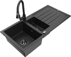 Mexen Andres granite sink 1.5-bowl with drainer and Elia kitchen faucet, black/silver - 6515-73-670101-70-B