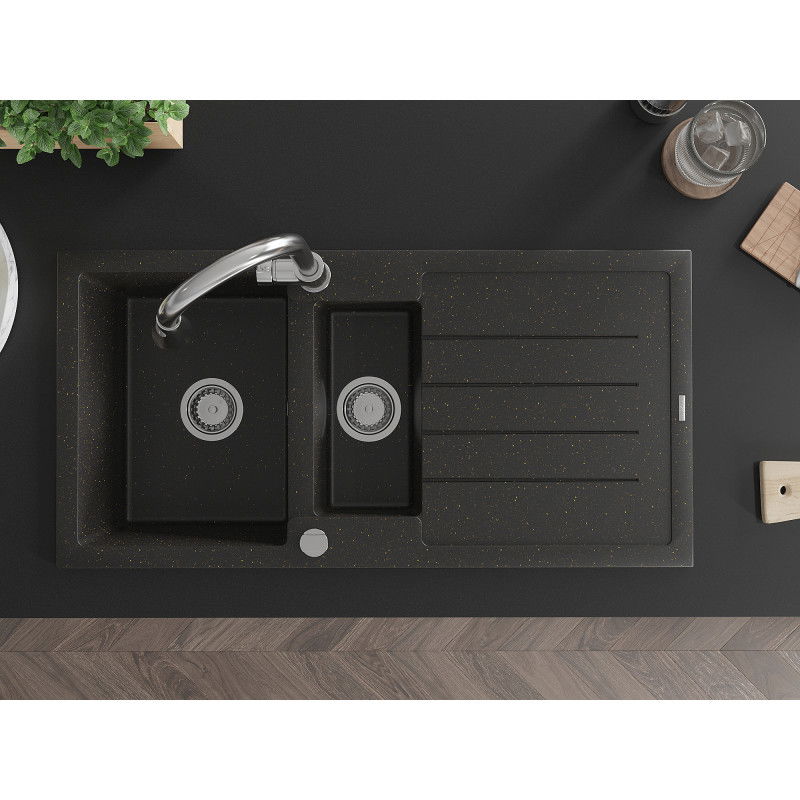 Mexen Andres granieten spoelbak 1,5-komorige met afdruiprek en keukenmengkraan Elia, zwart/goud metallic - 6515-75-670101-00