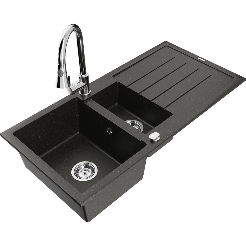 Mexen Andres 1,5-vaks granieten gootsteen met afdruiprek en Elia keukenkraan, zwart/goud metallic - 6515-75-670101-00